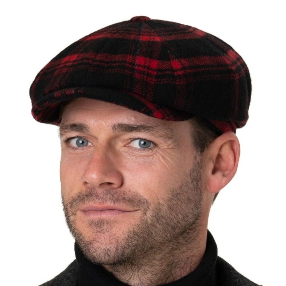 Vtg Wool Plaid Apple Jack Cap. Classic Red and Black Plaid Flat Cap - Picture 2 of 9